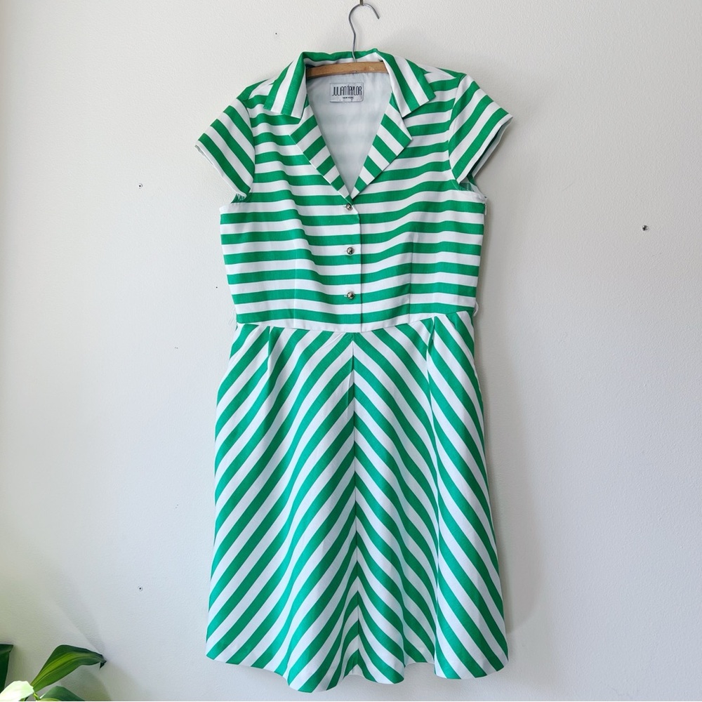 Vintage Striped short sleeve vintage green and white‎ midi dress with collar